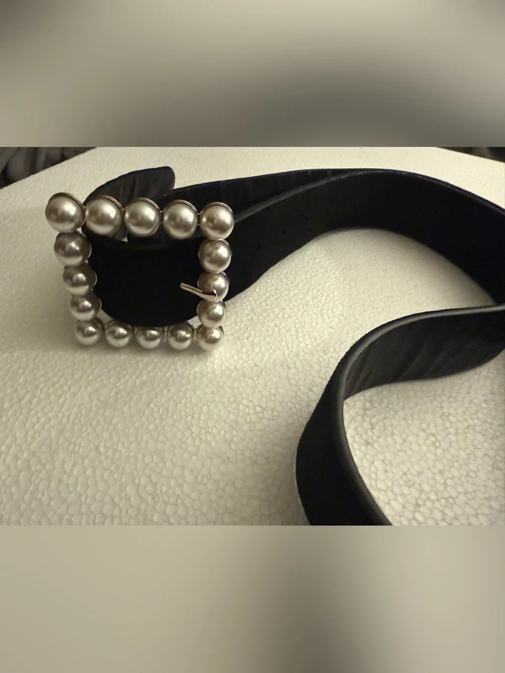 Vintage Chic Black Waist Belt with Square Faux Pearl Buckle 1XL